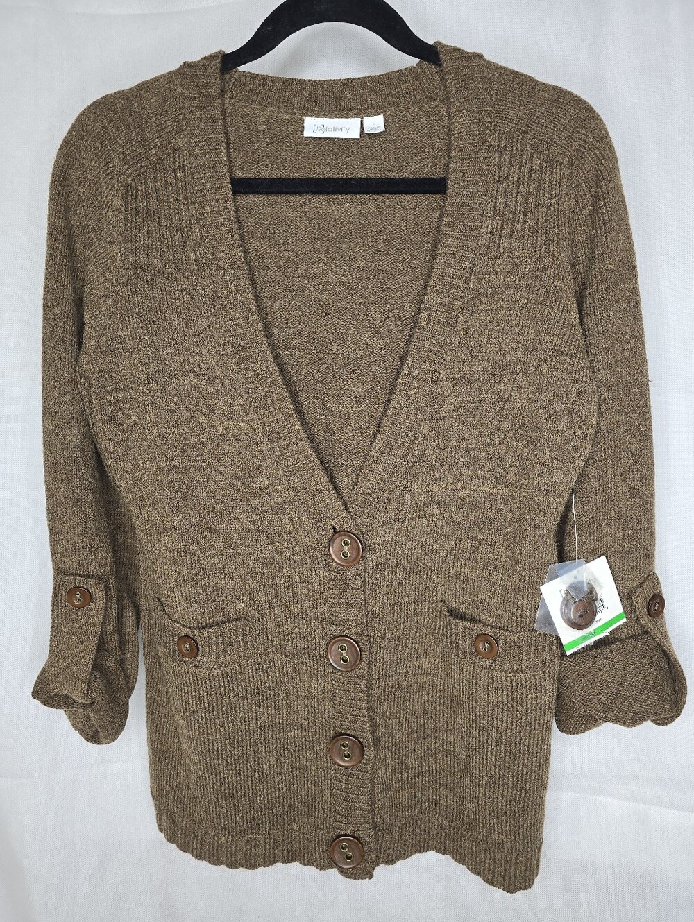 NWT Relativity Cardigan Sweater Brown Wool Blend V-neck Roll Tab Sleeves Preppy